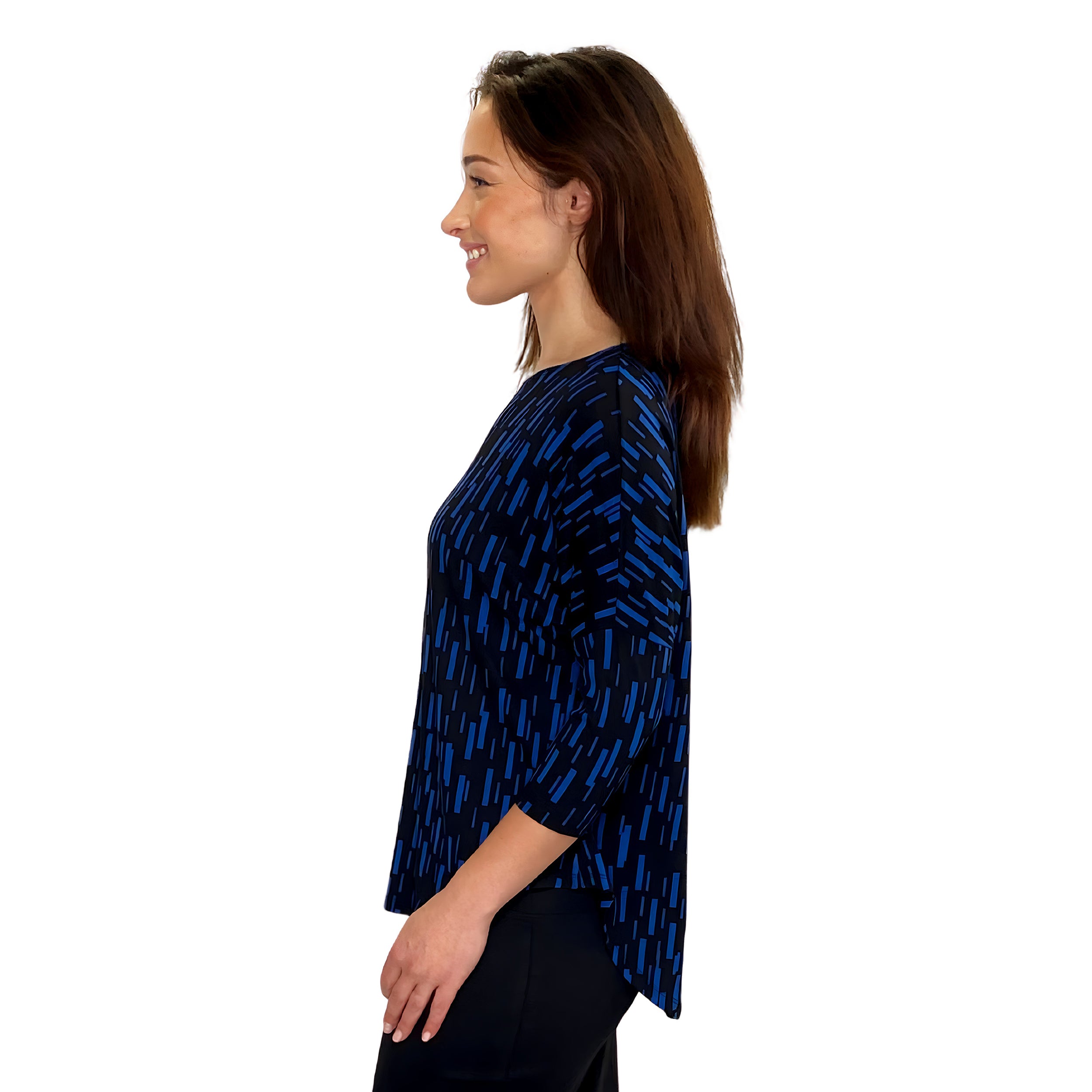 1114 Tunic Top Raglan Sleeve Blue Inky Lines Zoomed Left Side