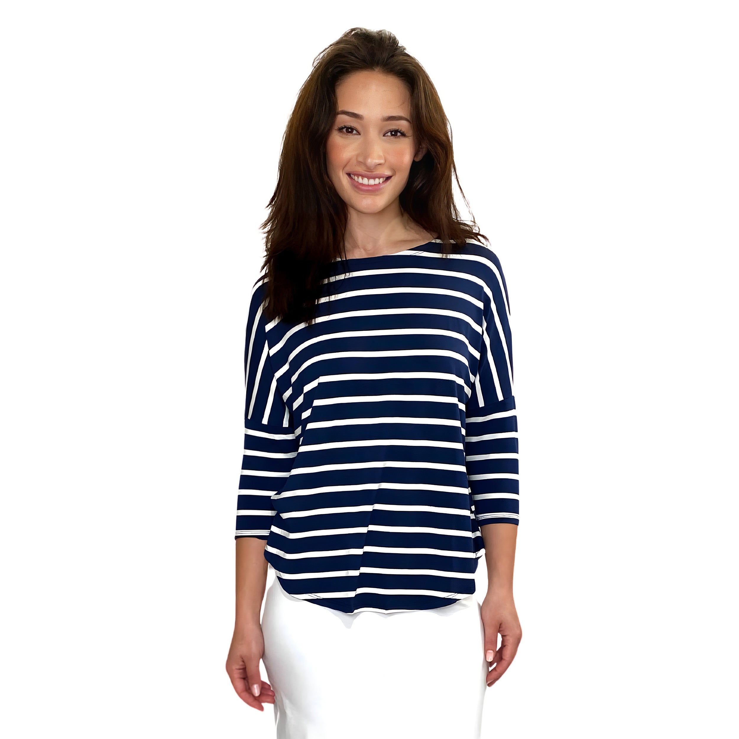 1114 Tunic Top Raglan Sleeve Navy White Stripes Zoomed Front