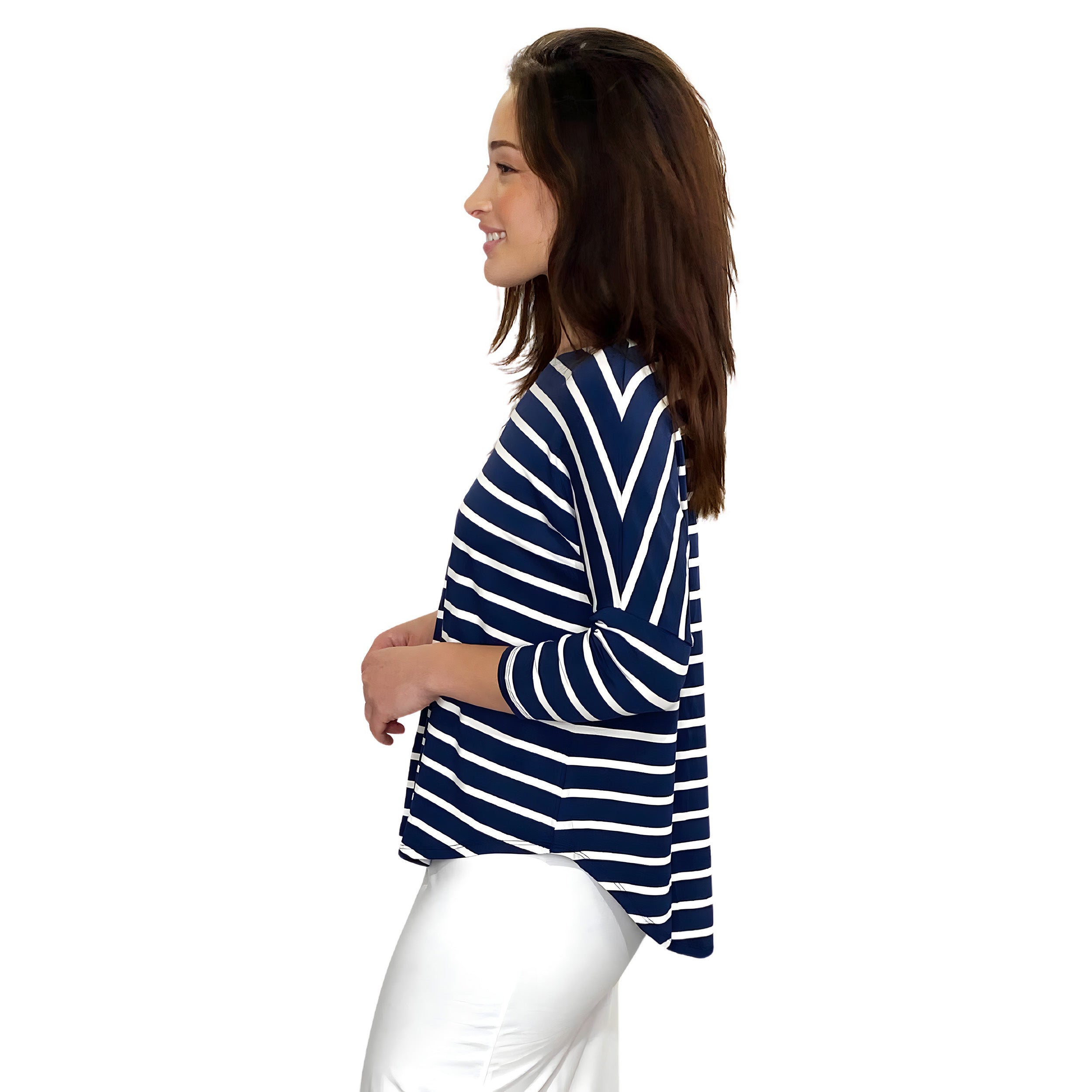 1114 Tunic Top Raglan Sleeve Navy White Stripes Zoomed Left Side