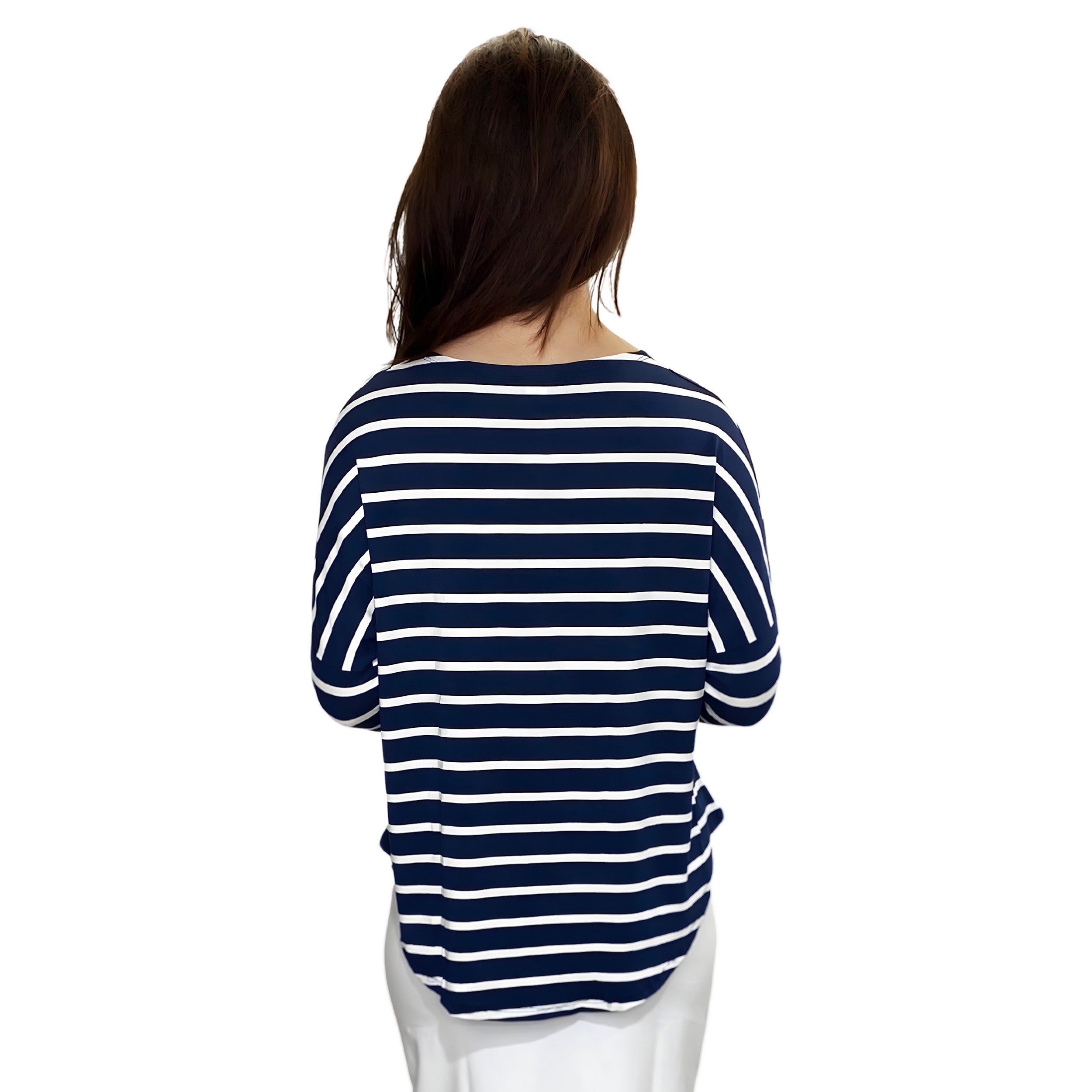 1114 Tunic Top Raglan Sleeve Navy White Stripes Zoomed Rear View