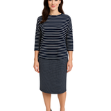 Modest Midi Pencil Skirt Below the Knee with Elastic Waist - Striped Pattern