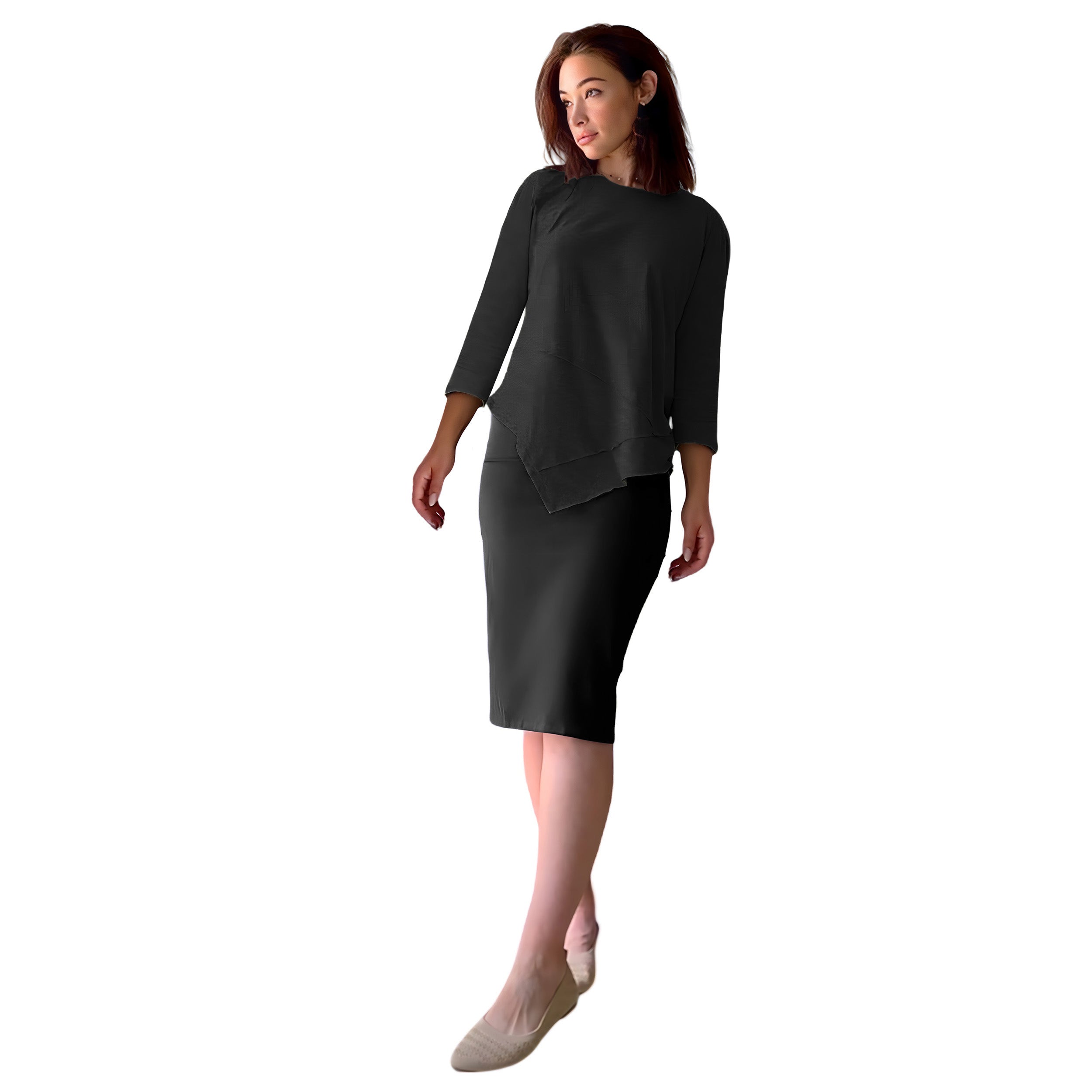 1118 Asymmetrical Ribbed Tunic Black Full Image Front Angled View