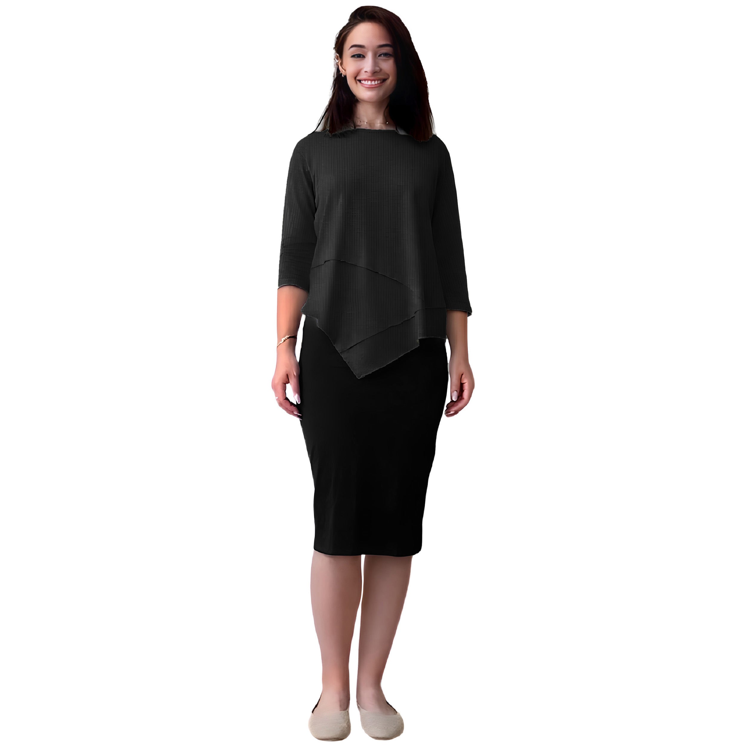 1118 Asymmetrical Ribbed Tunic Black Full Image Front