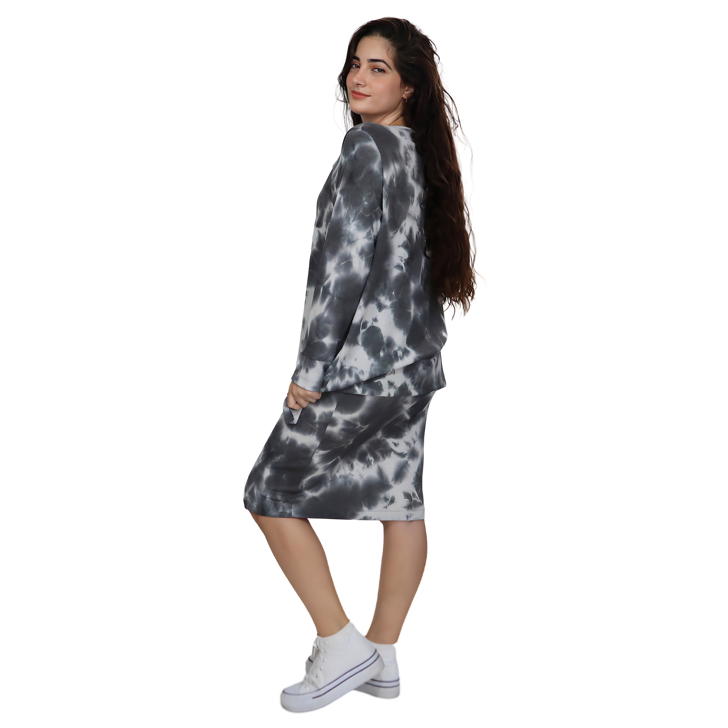 1123 Long Sleeve Waffle Tunic Black Tie Dye Full Image Side Angled View