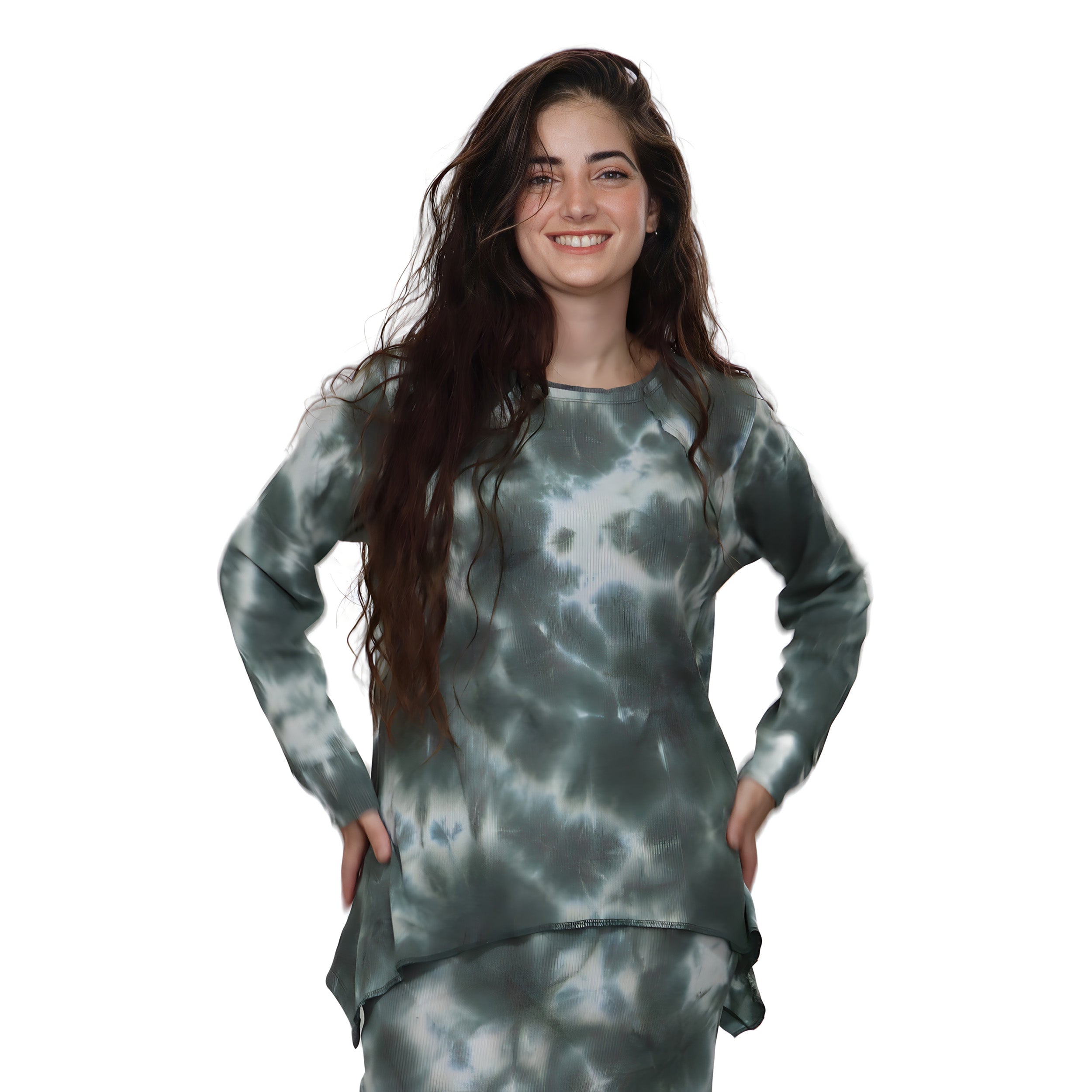 1123 Long Sleeve Waffle Tunic Green Tie Dye Zoomed Front View