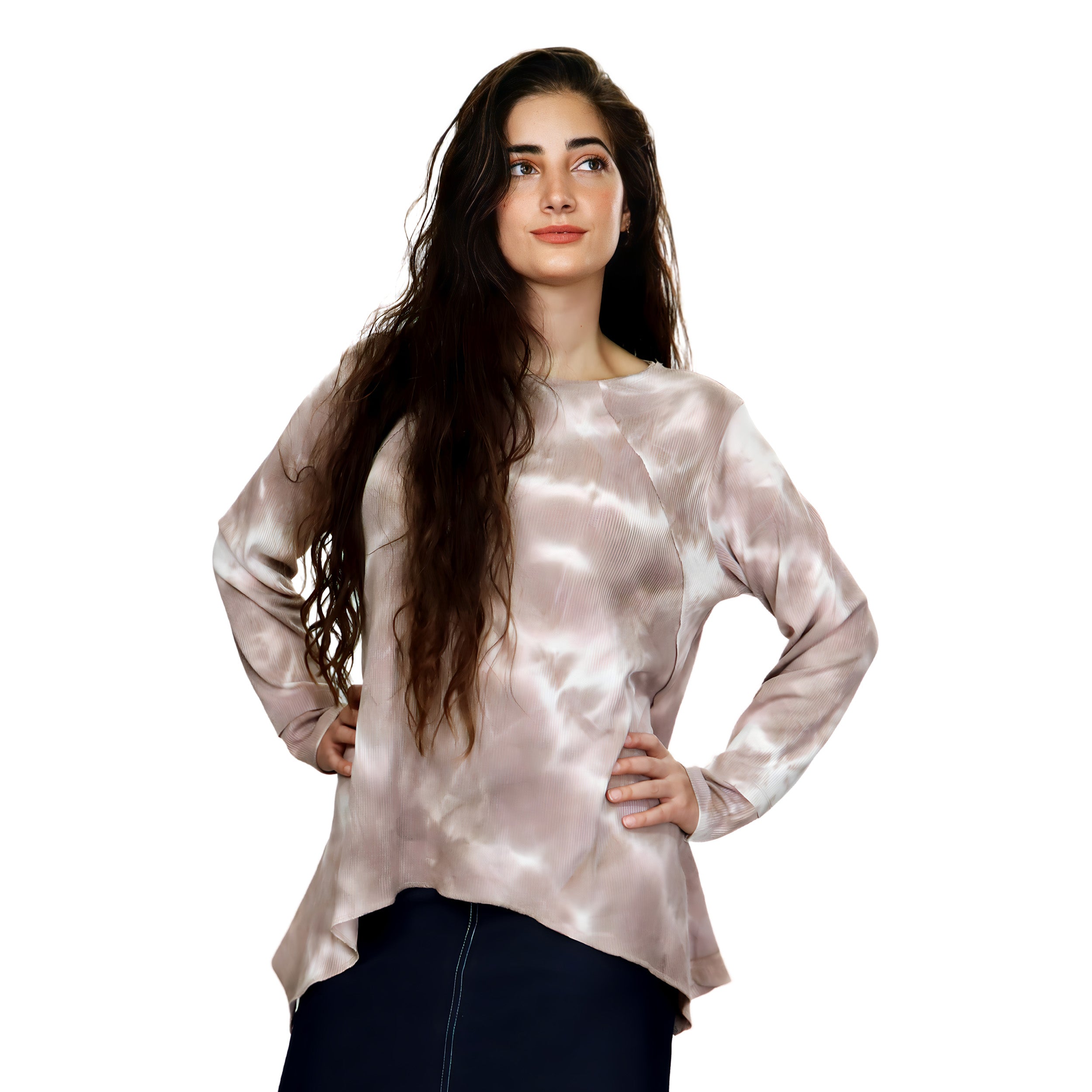 1123 Long Sleeve Waffle Tunic Taupe Tie Dye Zoomed Front View