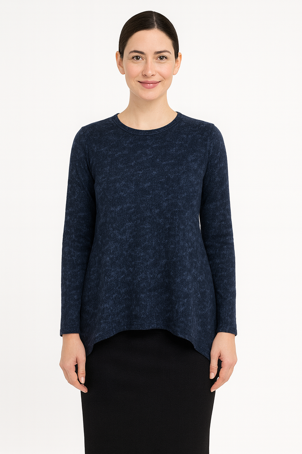 Modest Long Sleeve Handkerchief Tunic Top - Muted Tie-Dye Ribbed Knit