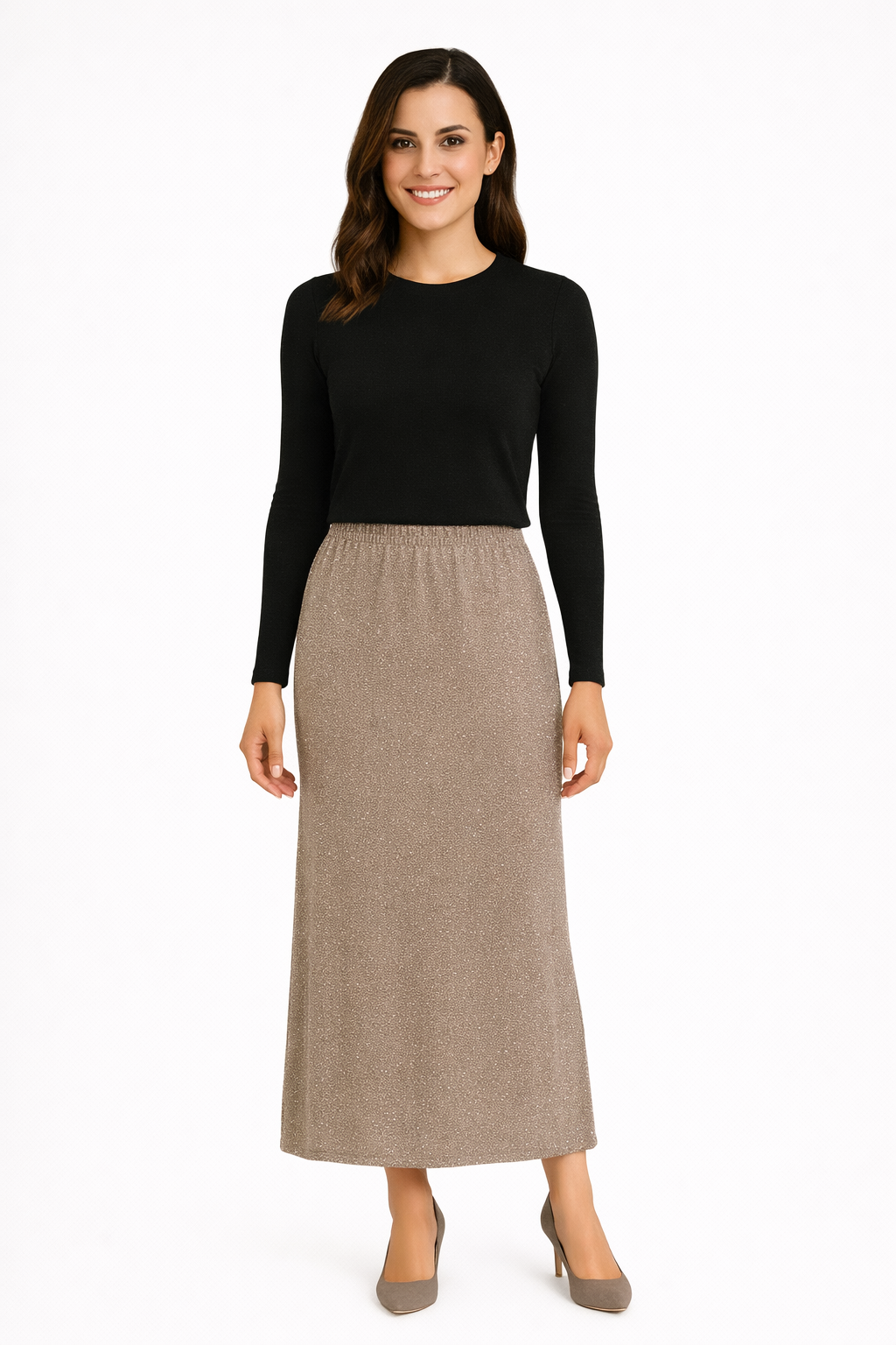 Tapered Maxi Skirt Premium Sparkle Knit with Side Slits and Silver Shimmer
