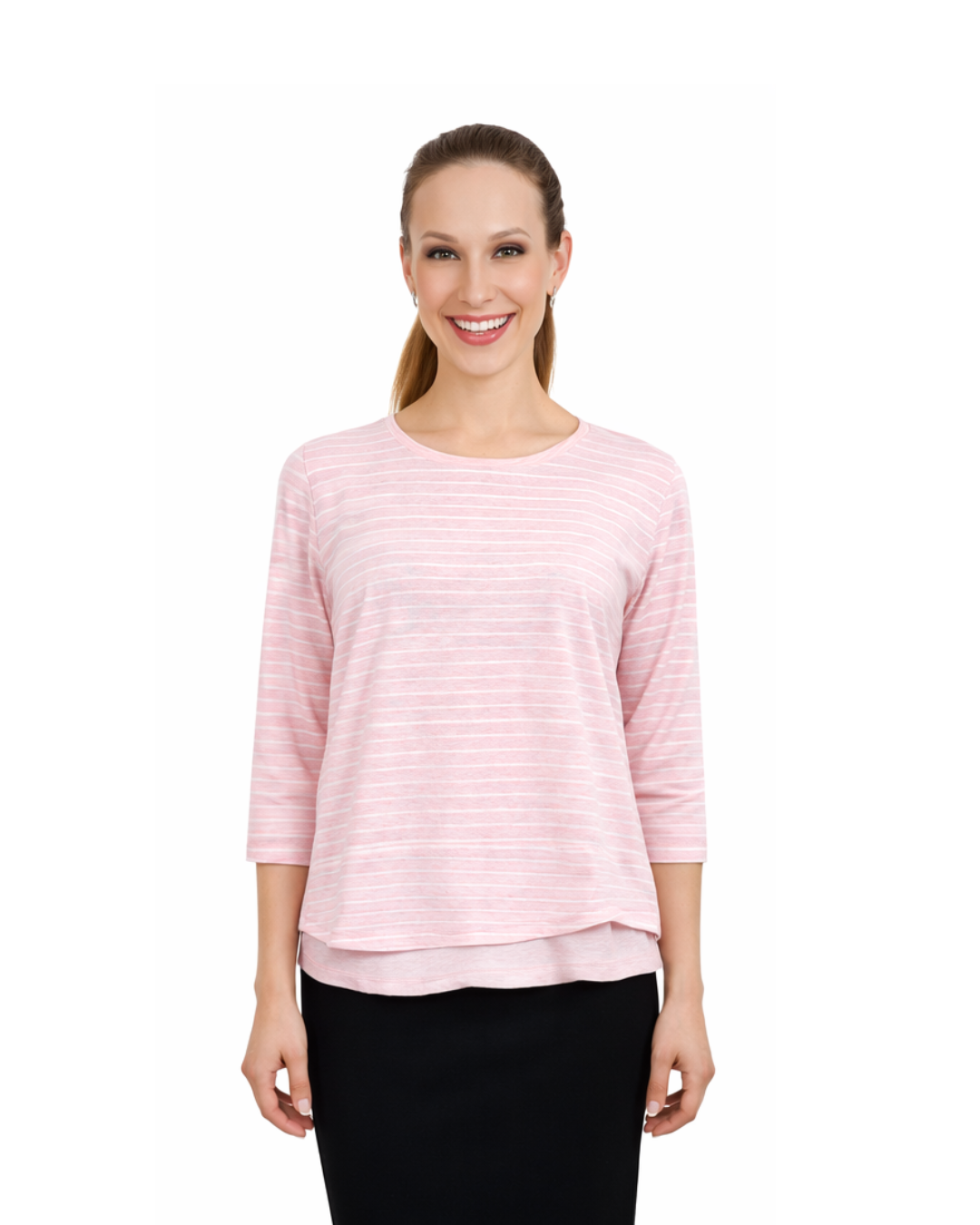 3/4 Sleeve Modest Striped Rib Knit Top with Solid Panel - Hip Length Casual Comfort