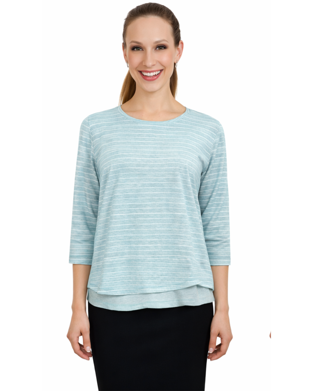 3/4 Sleeve Modest Striped Rib Knit Top with Solid Panel - Hip Length Casual Comfort