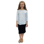 1213 Three Quarter Sleeve Modest Striped Rib Knit Top With Solid Panel Grey Heather Full Image Front View