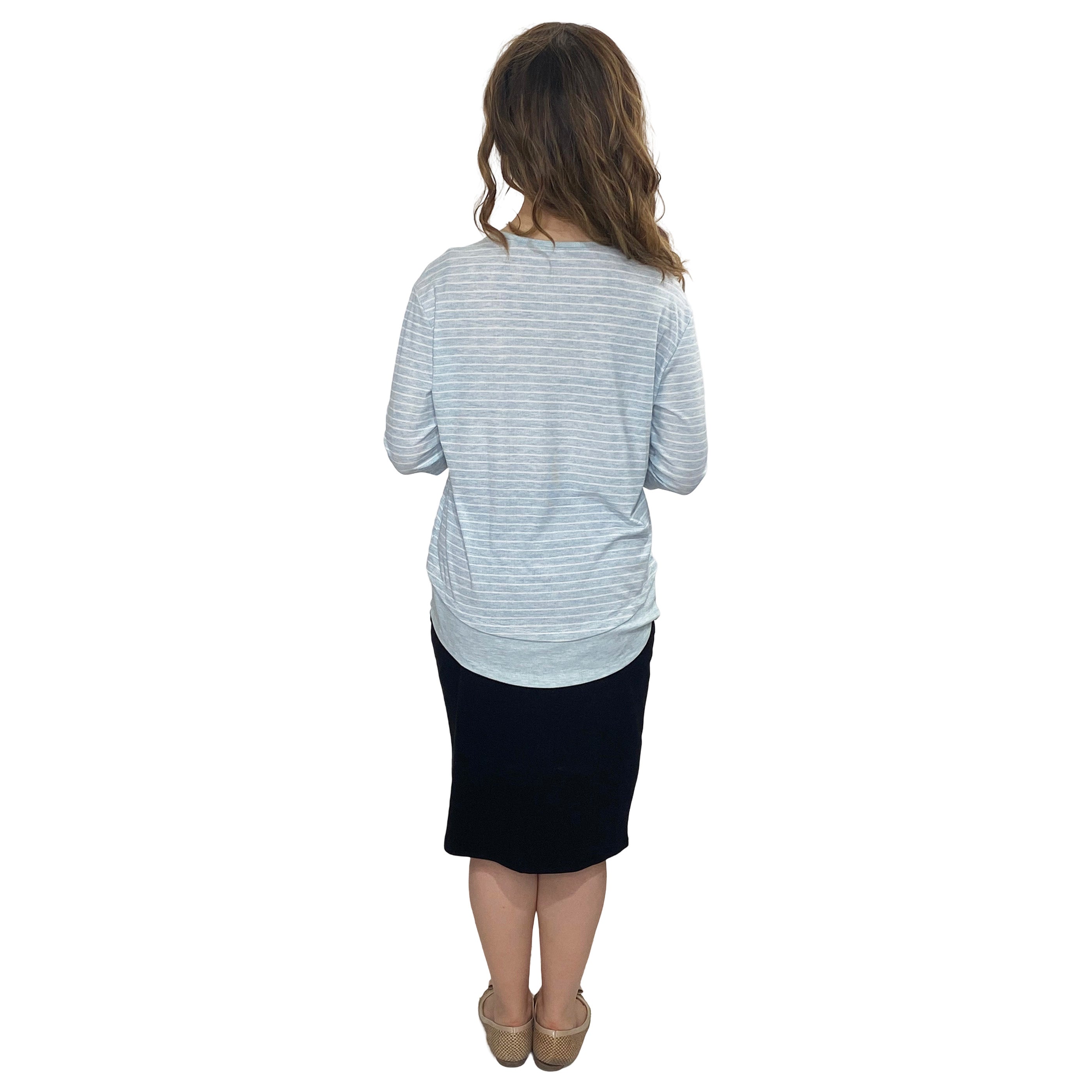 1213 Three Quarter Sleeve Modest Striped Rib Knit Top With Solid Panel Grey Heather Full Image Rear View