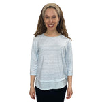 1213 Three Quarter Sleeve Modest Striped Rib Knit Top With Solid Panel Grey Heather Zoomed Front View