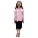 1213 Three Quarter Sleeve Modest Striped Rib Knit Top With Solid Panel Soft Pink Heather Full Image Front View