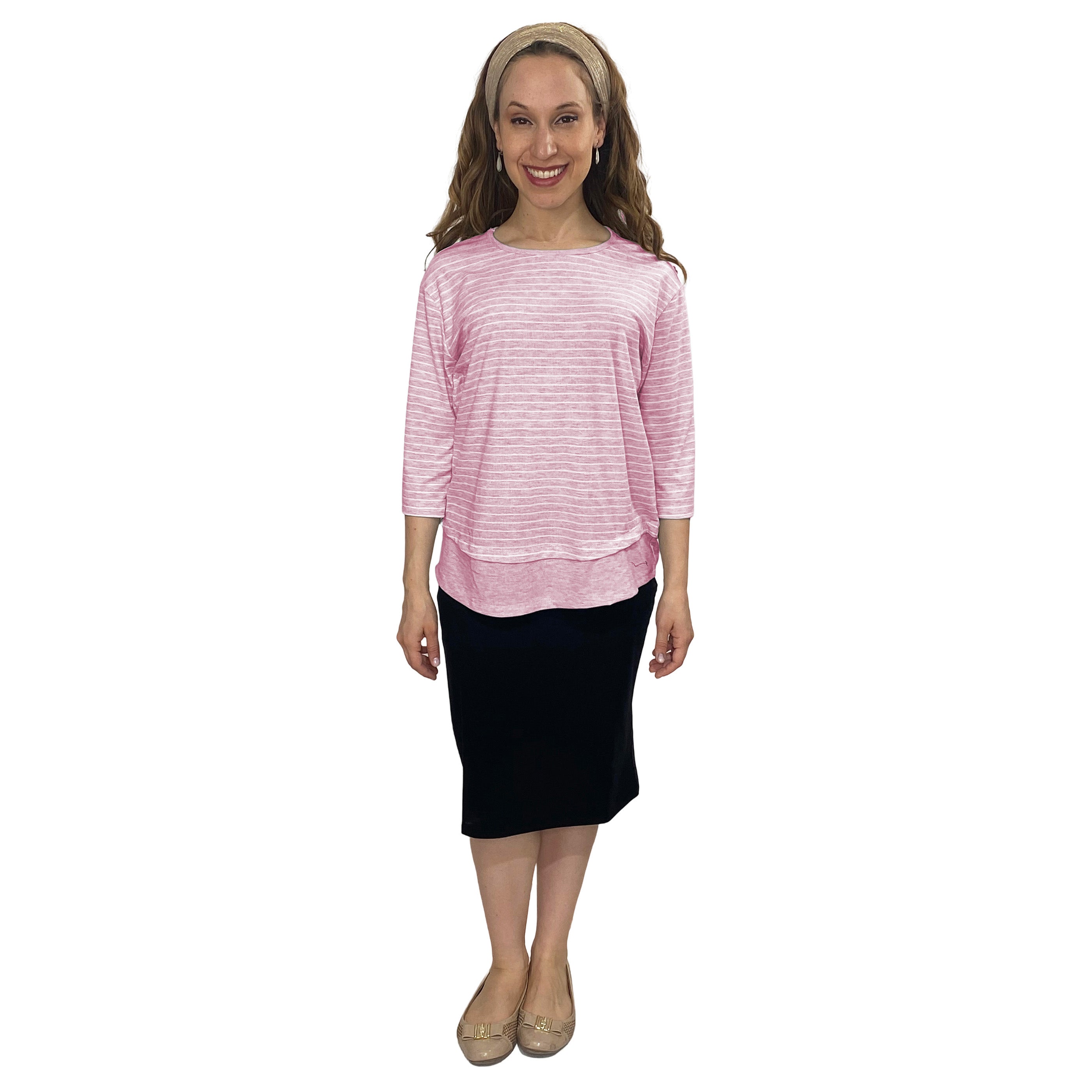 1213 Three Quarter Sleeve Modest Striped Rib Knit Top With Solid Panel Soft Pink Heather Full Image Front View