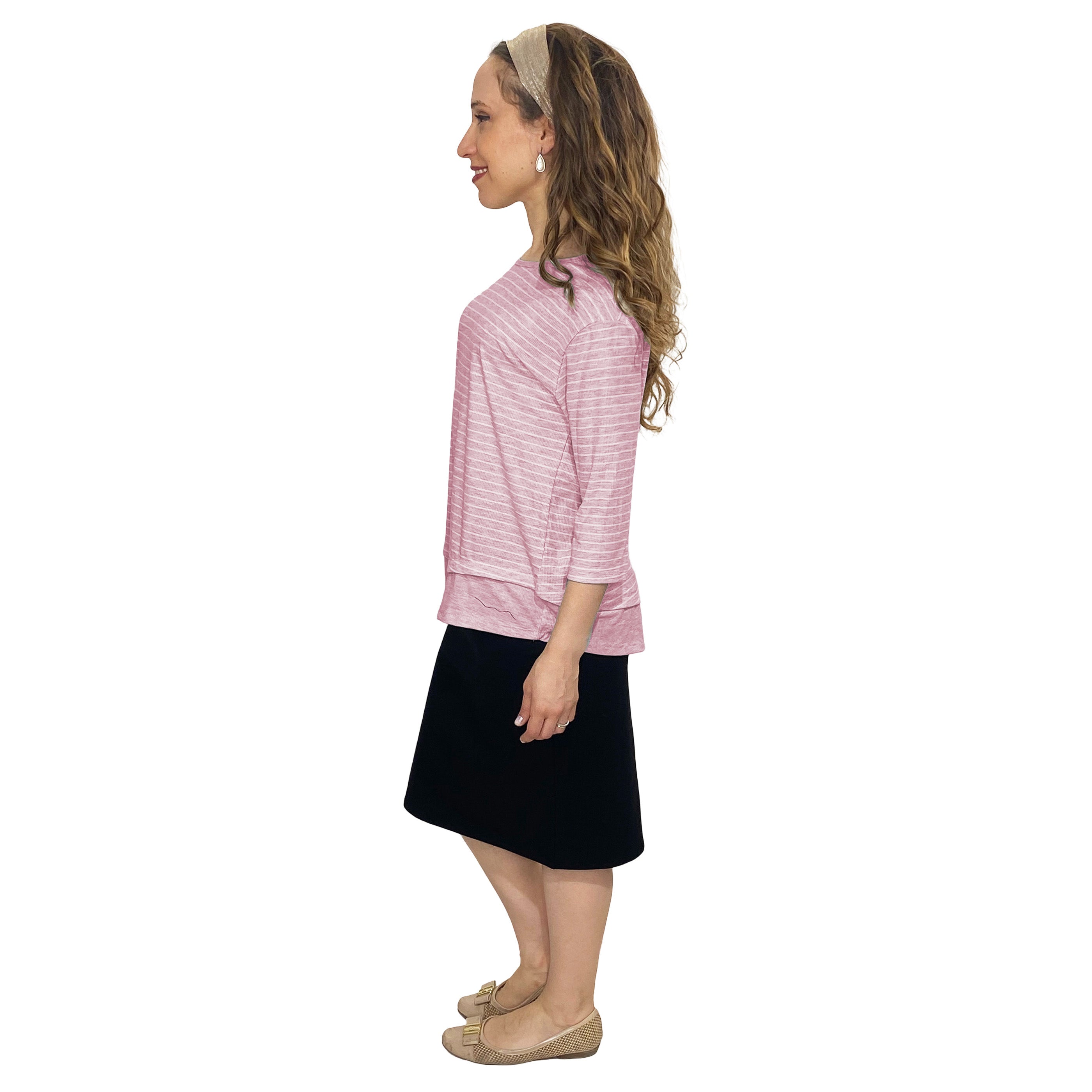 1213 Three Quarter Sleeve Modest Striped Rib Knit Top With Solid Panel Soft Pink Heather Full Image Left Side View