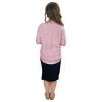 1213 Three Quarter Sleeve Modest Striped Rib Knit Top With Solid Panel Soft Pink Heather Full Image Rear View