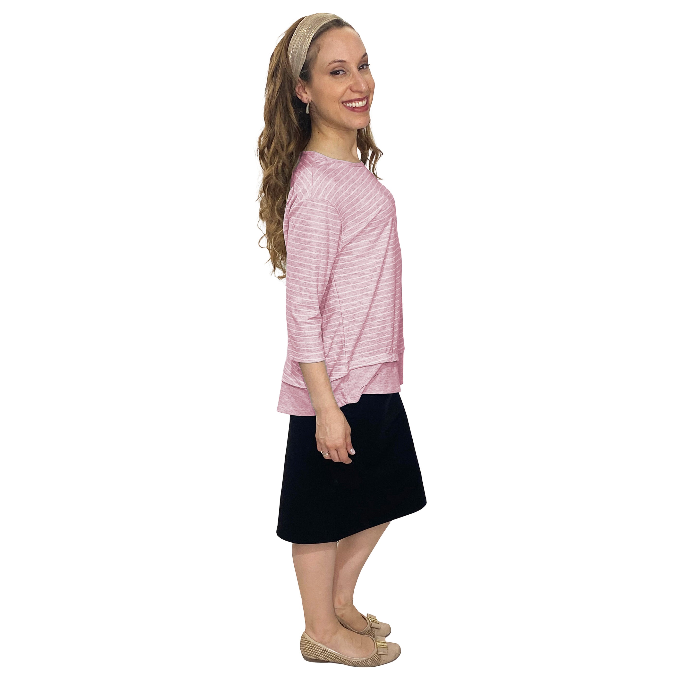 1213 Three Quarter Sleeve Modest Striped Rib Knit Top With Solid Panel Soft Pink Heather Full Image Right Side View