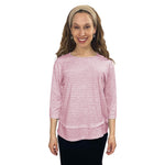 1213 Three Quarter Sleeve Modest Striped Rib Knit Top With Solid Panel Soft Pink Heather Zoomed Front View