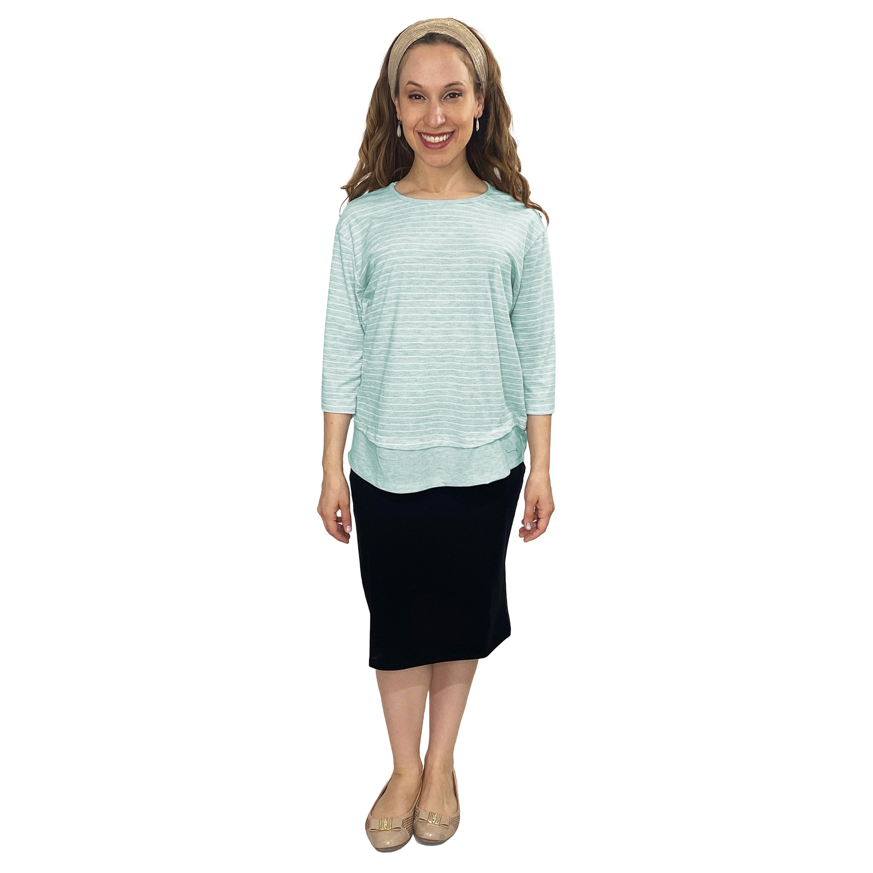 1213 Three Quarter Sleeve Modest Striped Rib Knit Top With Solid Panel Soft Teal Heather Full Image Front View