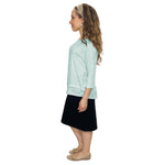 1213 Three Quarter Sleeve Modest Striped Rib Knit Top With Solid Panel Soft Teal Heather Full Image Left Side View