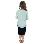 1213 Three Quarter Sleeve Modest Striped Rib Knit Top With Solid Panel Soft Teal Heather Full Image Rear View