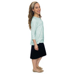 1213 Three Quarter Sleeve Modest Striped Rib Knit Top With Solid Panel Soft Teal Heather Full Image Right Side View