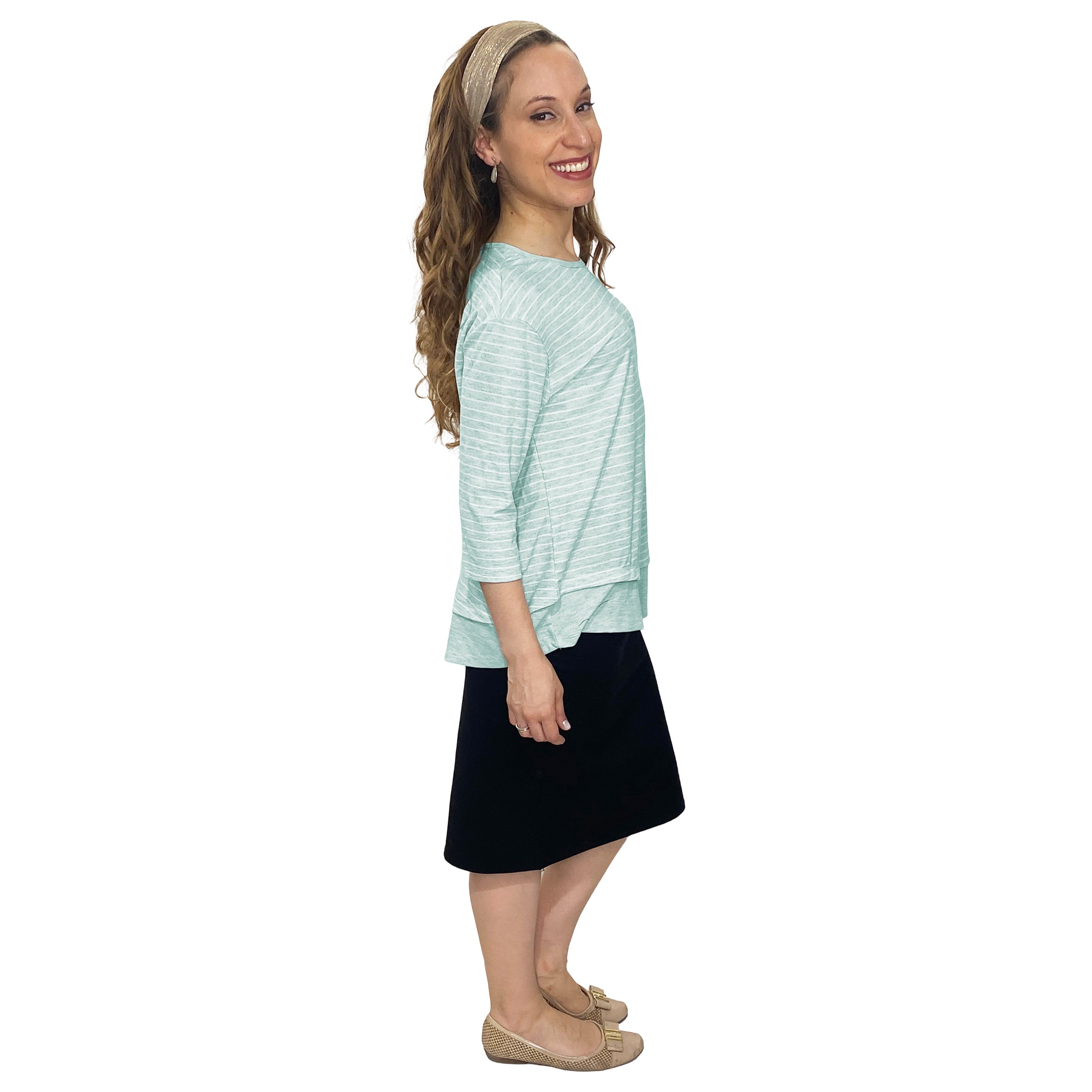 1213 Three Quarter Sleeve Modest Striped Rib Knit Top With Solid Panel Soft Teal Heather Full Image Right Side View