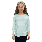 1213 Three Quarter Sleeve Modest Striped Rib Knit Top With Solid Panel Soft Teal Heather Zoomed Front View