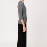 High Neck Fitted Tee - Lightweight Ribbed Top with Three Quarter Sleeves