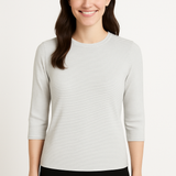 High Neck Fitted Tee - Lightweight Ribbed Top with Three Quarter Sleeves