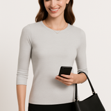High Neck Fitted Tee - Lightweight Ribbed Top with Three Quarter Sleeves