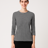 High Neck Fitted Tee - Lightweight Ribbed Top with Three Quarter Sleeves