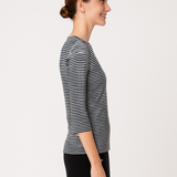 High Neck Fitted Tee - Lightweight Ribbed Top with Three Quarter Sleeves