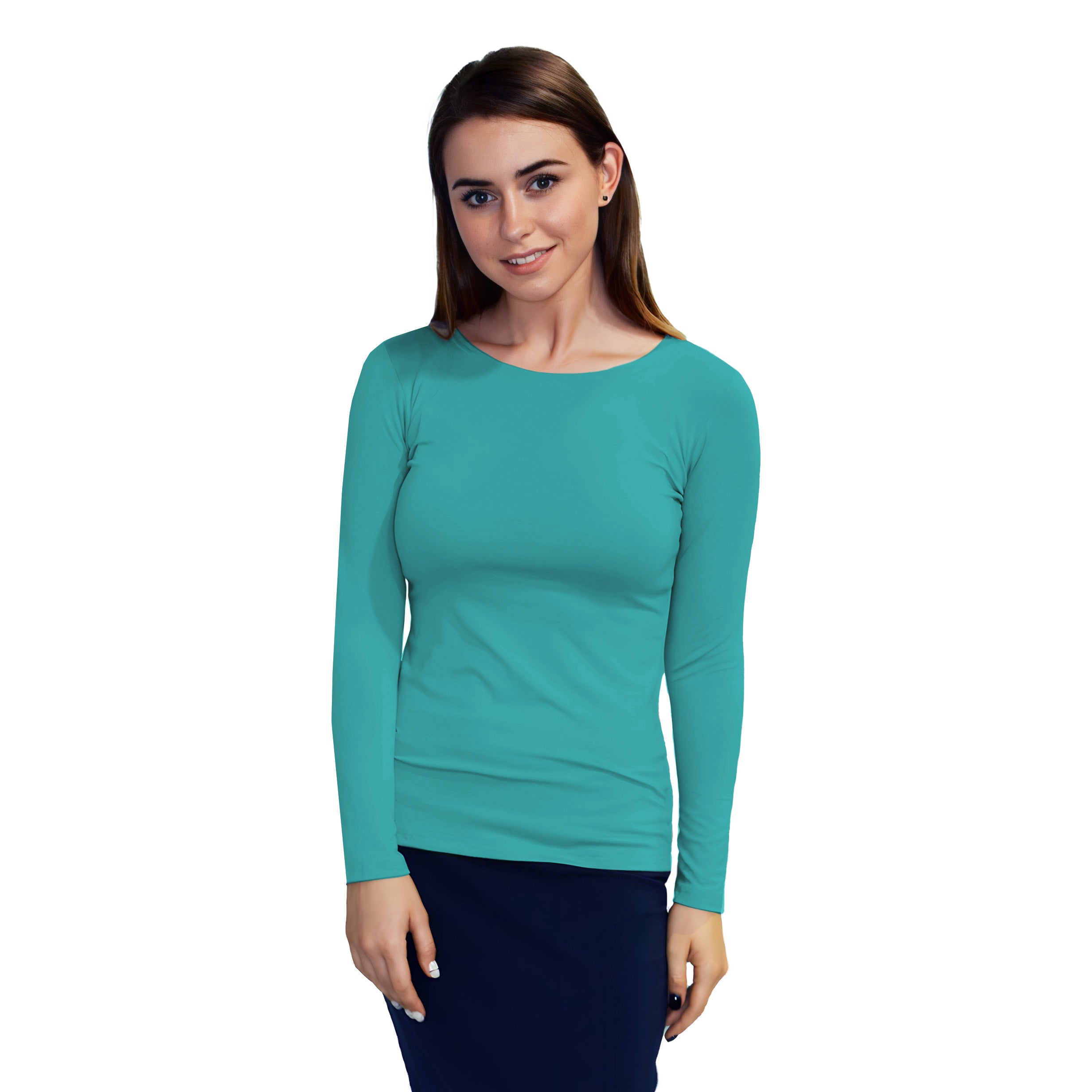 1223 Essential Round Neck Layering Top LS Teal Green Zoomed Front