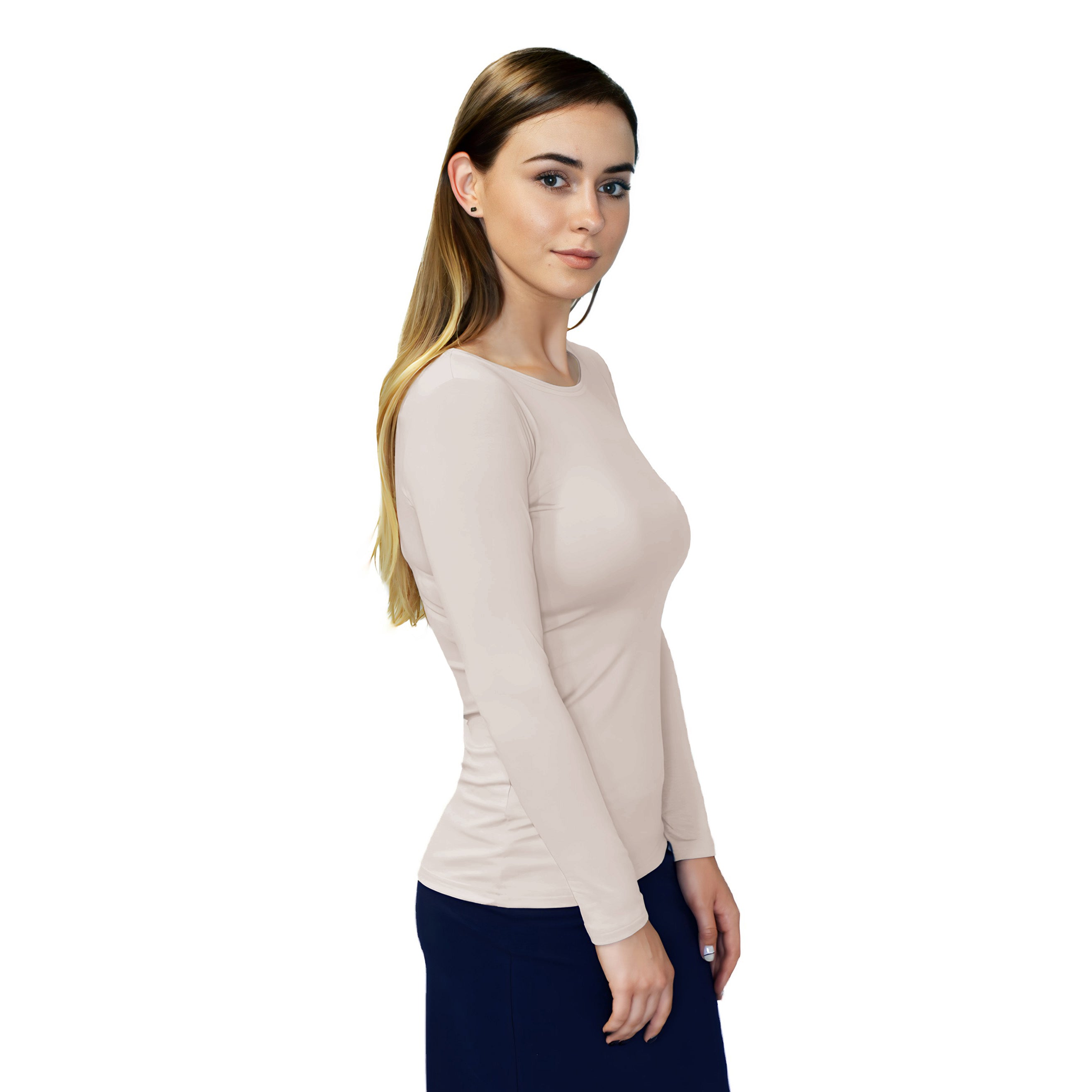 1223 Round Neck Layering Top Long Sleeve Beige Zoomed Right Side