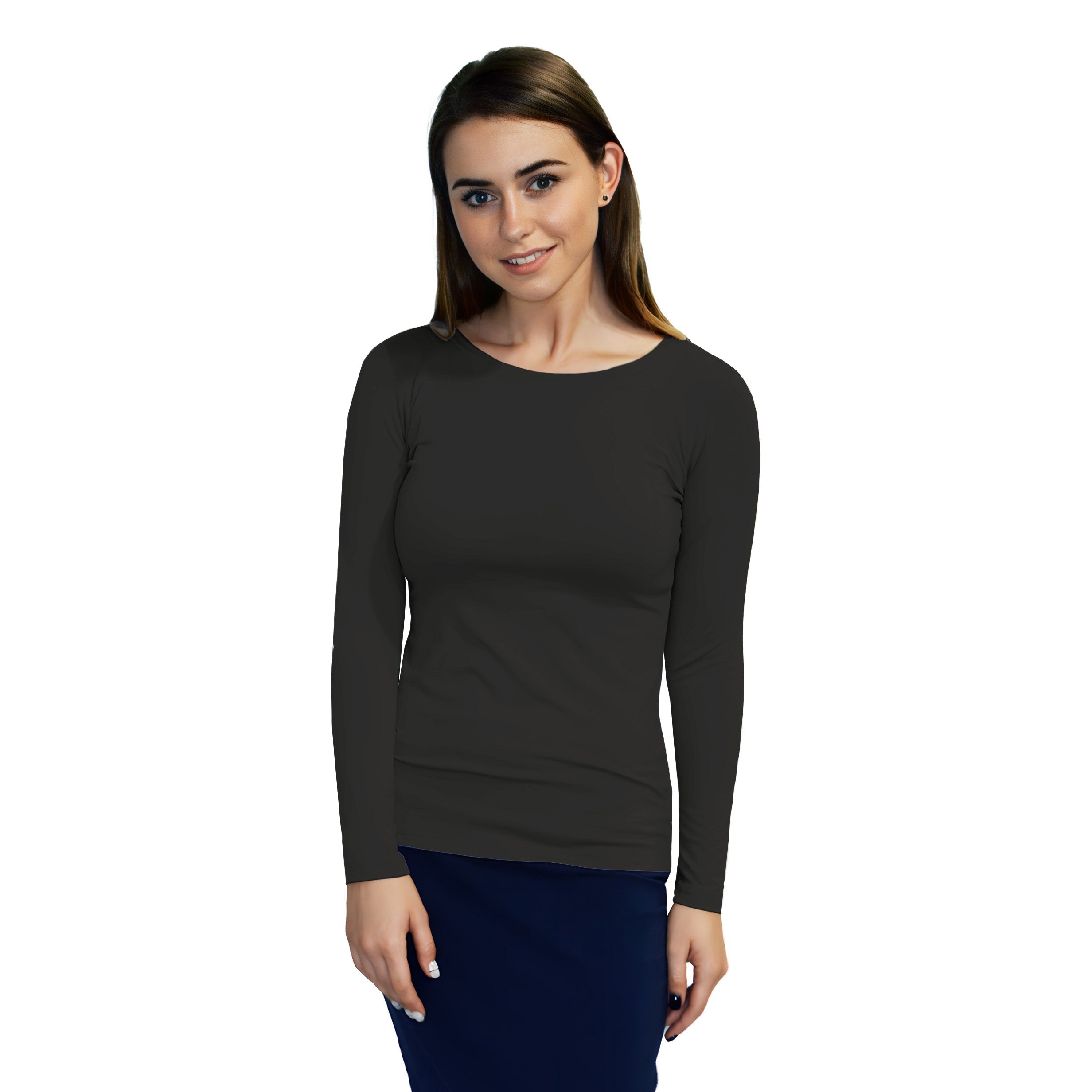 1223 Round Neck Layering Top Long Sleeve Black Zoomed Front View