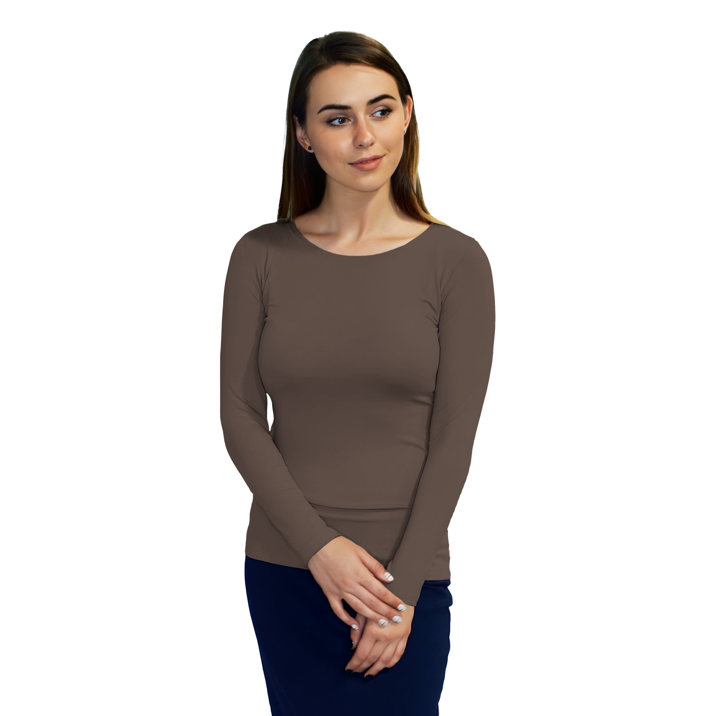 1223 Round Neck Layering Top Long Sleeve Dark Mocha Zoomed Front2 View