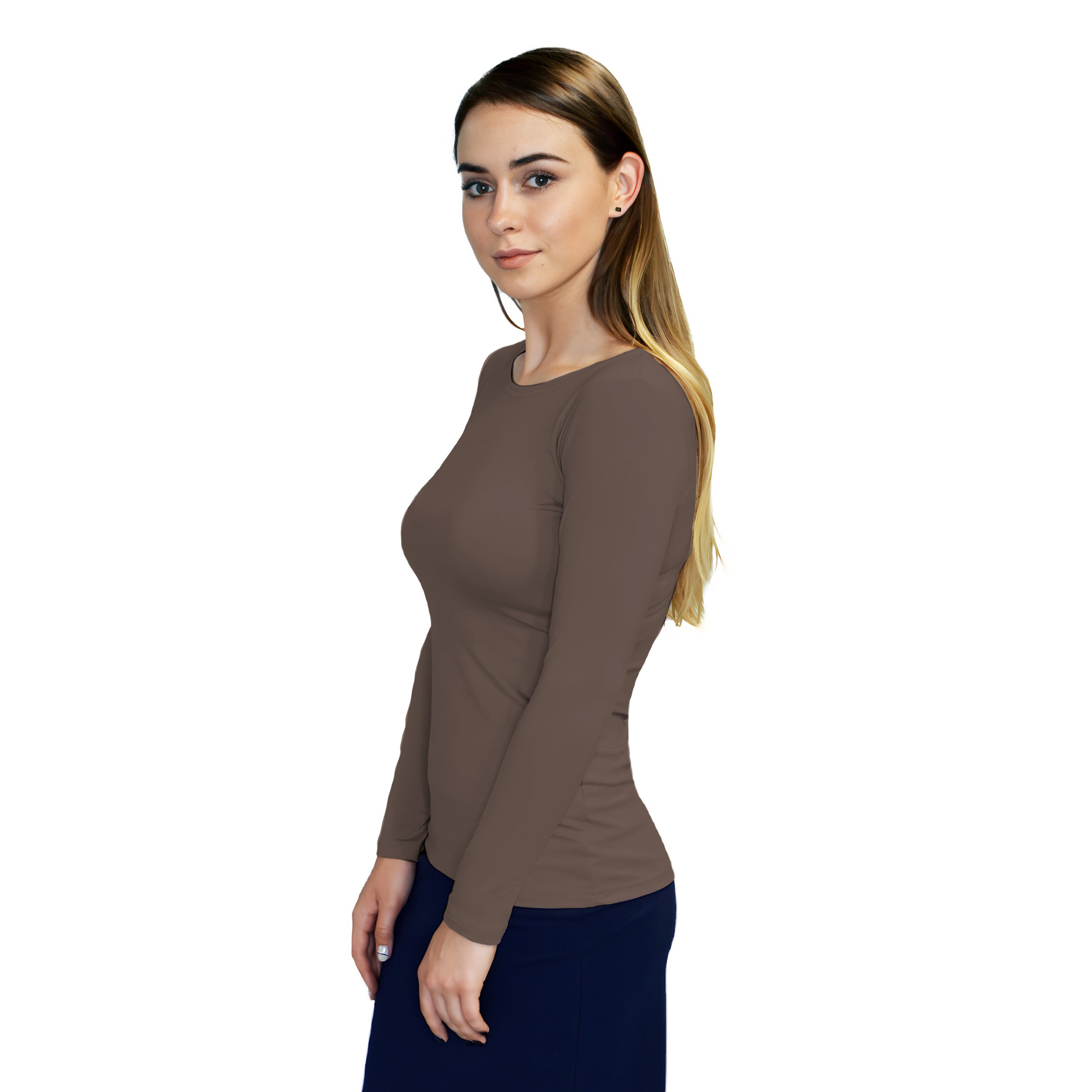 1223 Round Neck Layering Top Long Sleeve Dark Mocha Zoomed Left View