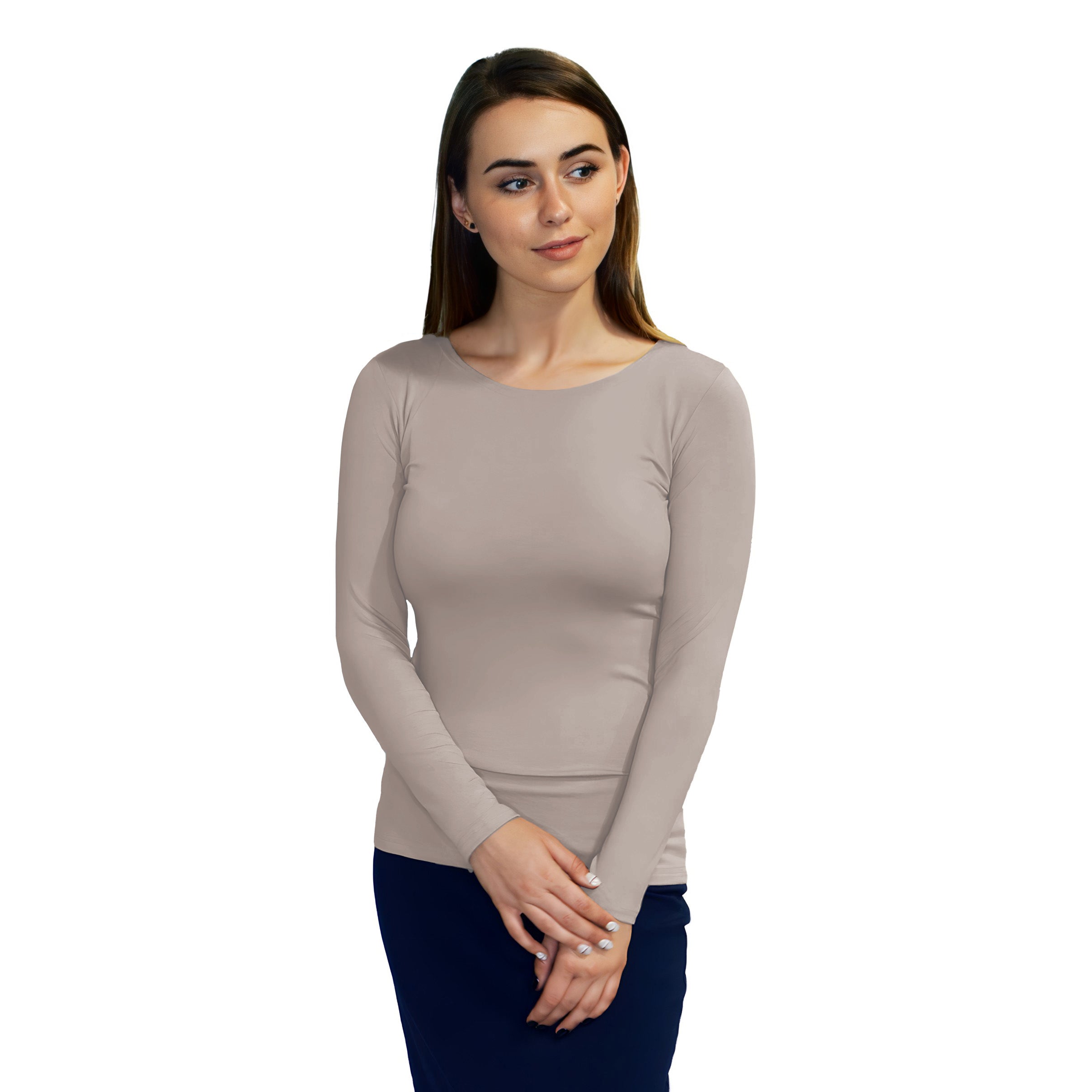 1223 Round Neck Layering Top Long Sleeve Taupe Zoomed Front2 View