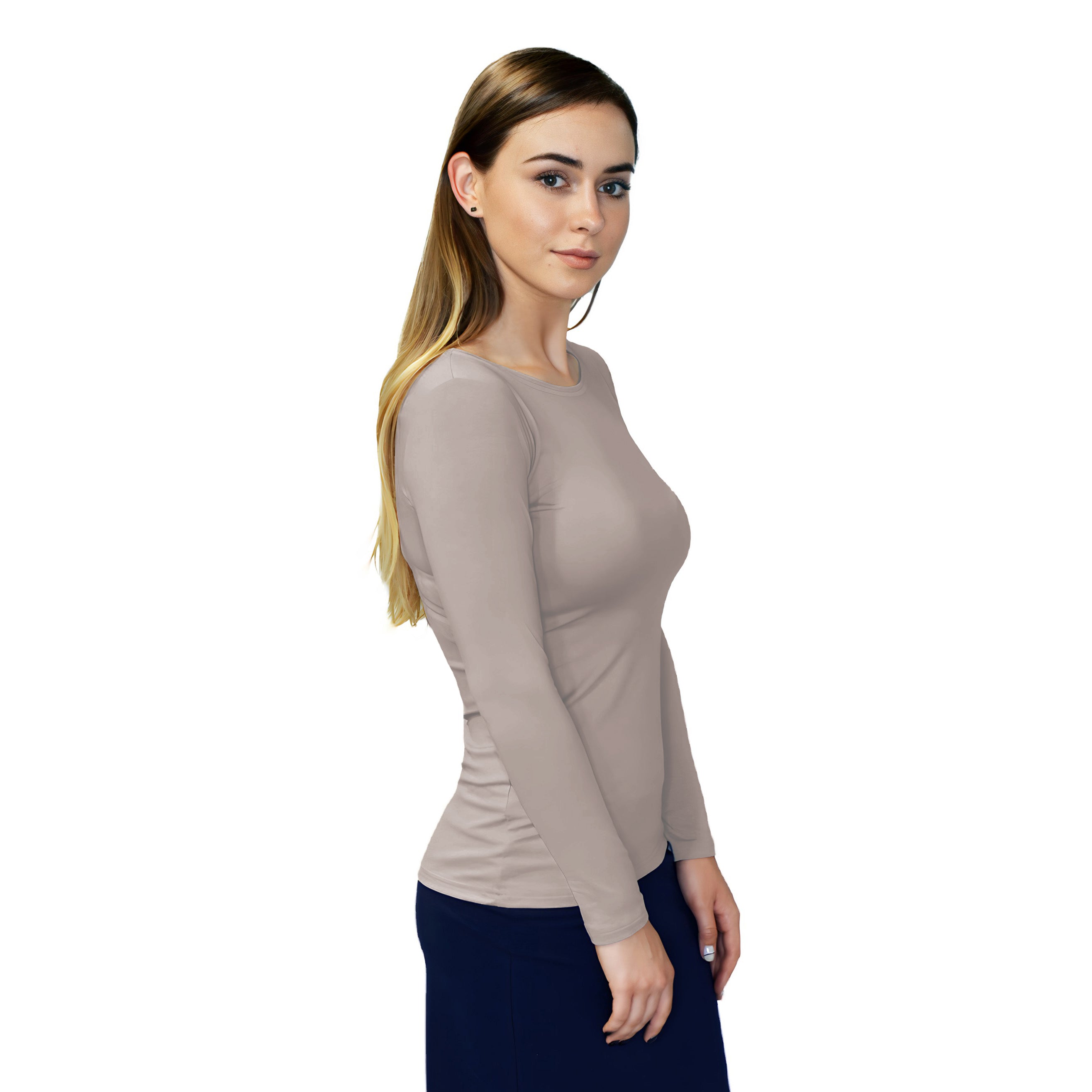 1223 Round Neck Layering Top Long Sleeve Taupe Zoomed Right Side View