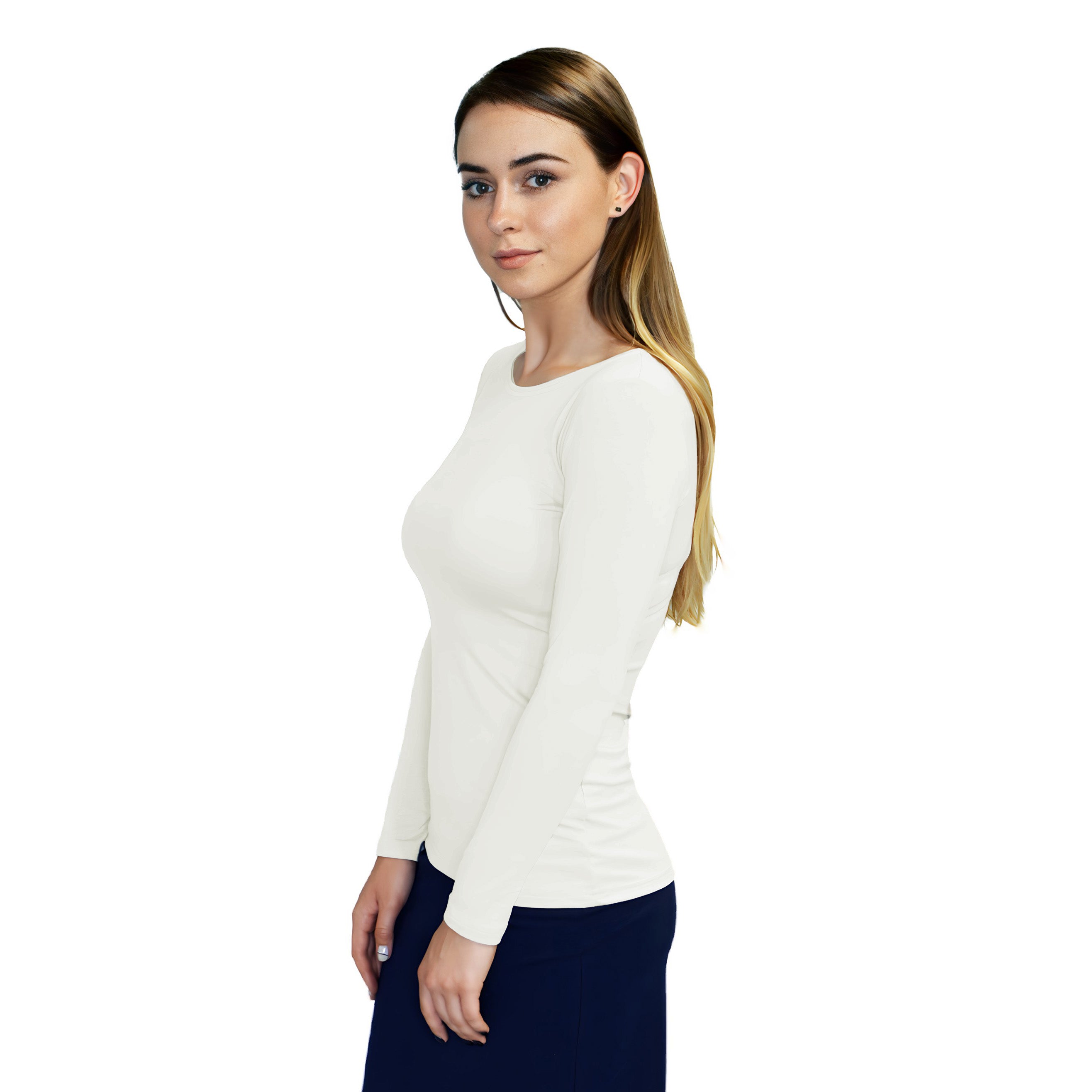 1223 Round Neck Layering Top Long Sleeve White Zoomed Left Side View