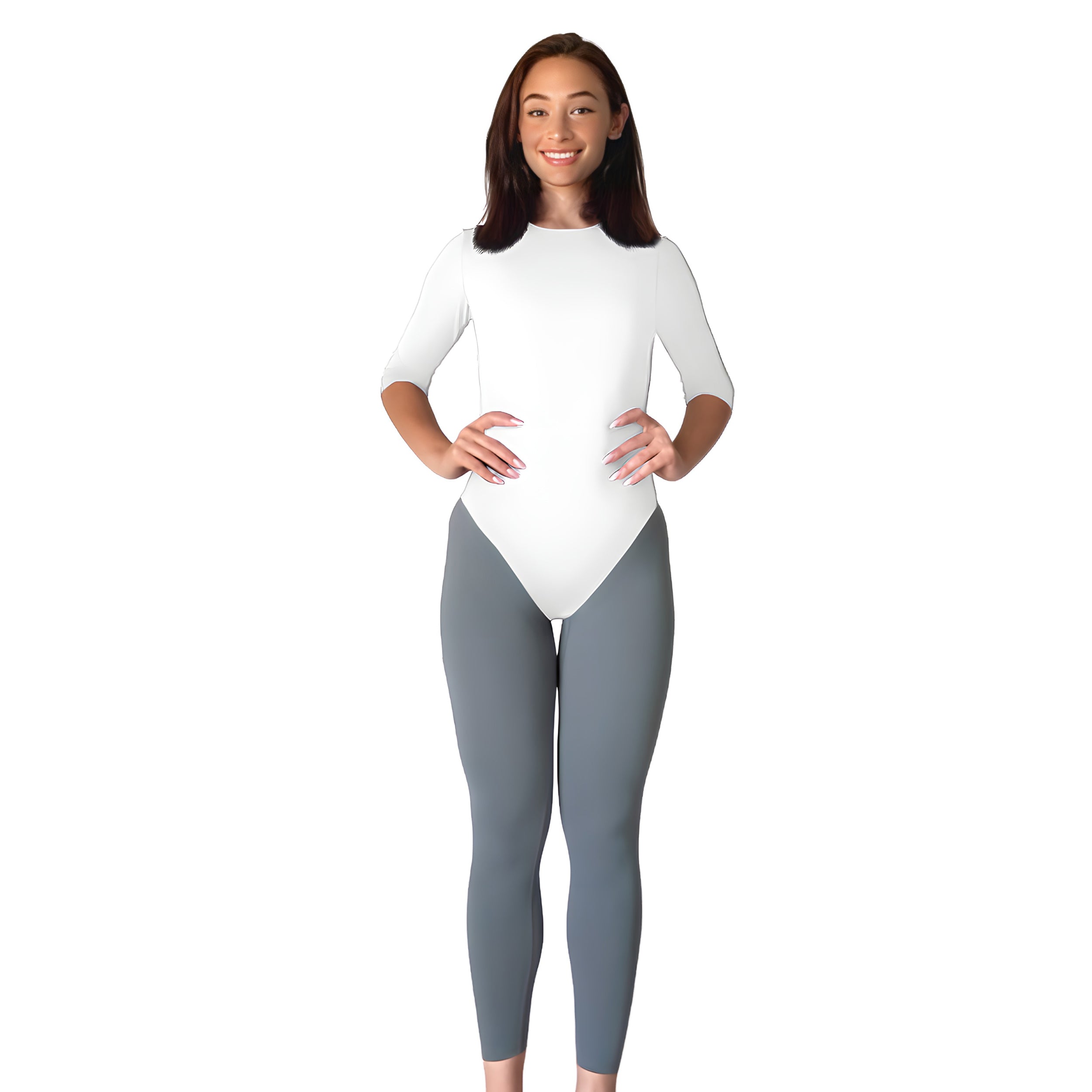 1228 Modest Three Quarter Sleeve High Neckline Bodysuit Shell White Full Image Front View