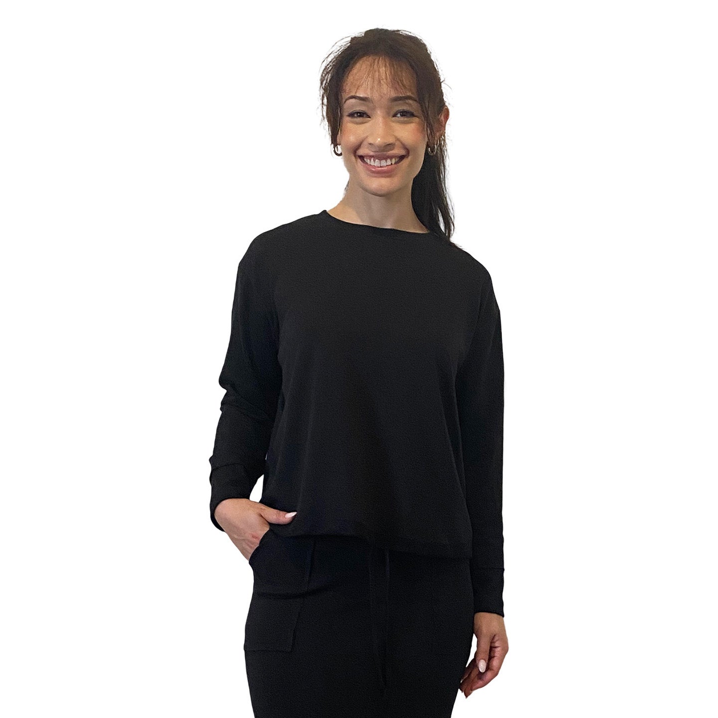 1238 Classic French Terry Sweatshirt Modest Crew Neck Long Sleeve Black Zoomed Front View