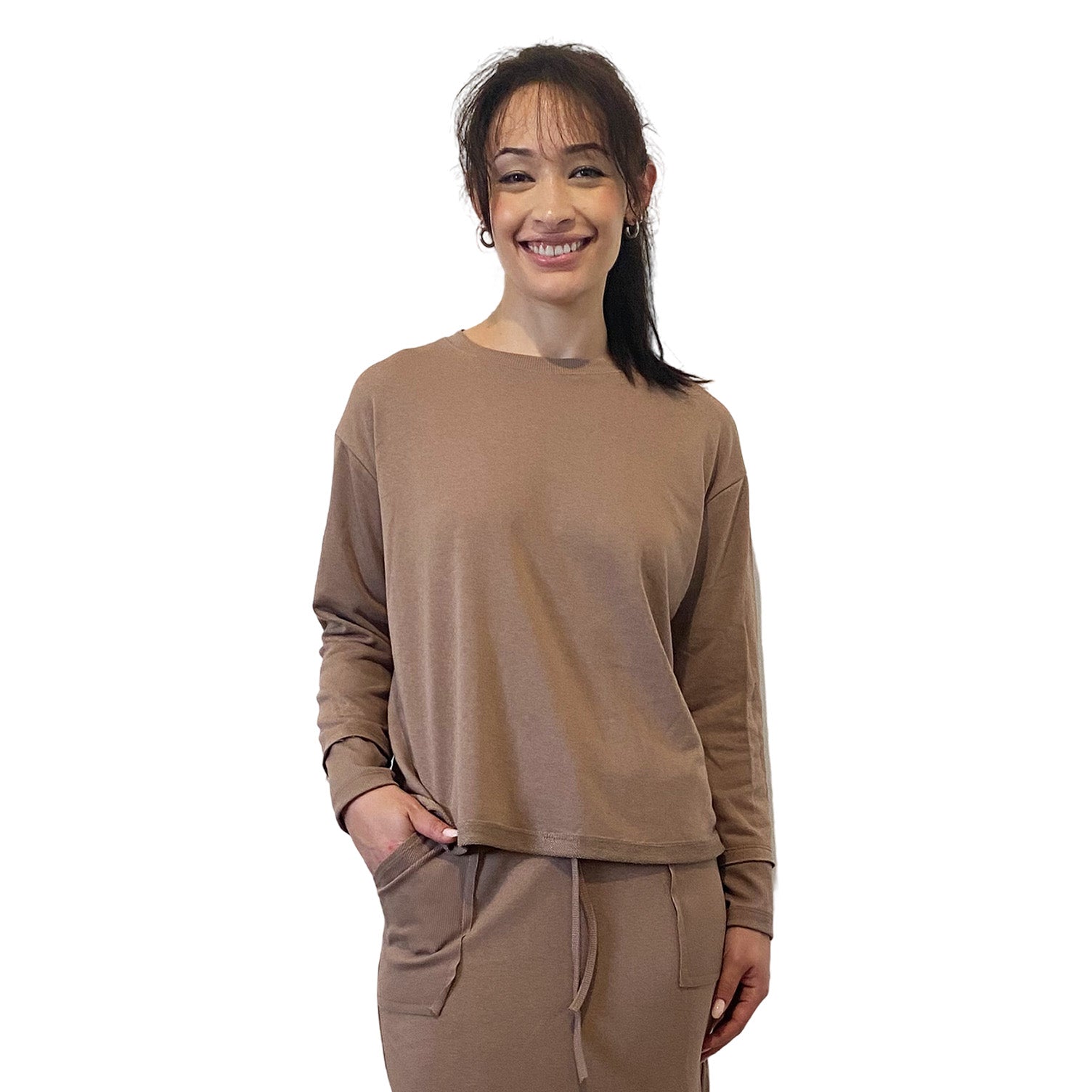 1238 Classic French Terry Sweatshirt Modest Crew Neck Long Sleeve Mocha Brown Zoomed Front View