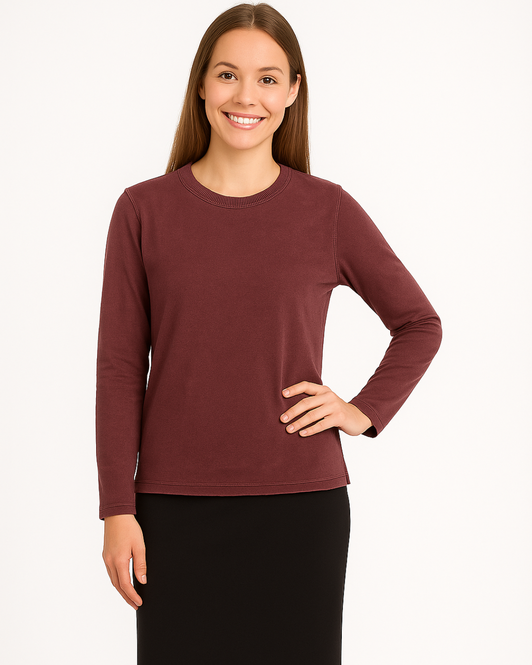 Long Sleeve T-Shirt with Side Slits 100% Cotton in Burgundy, Grey & Black
