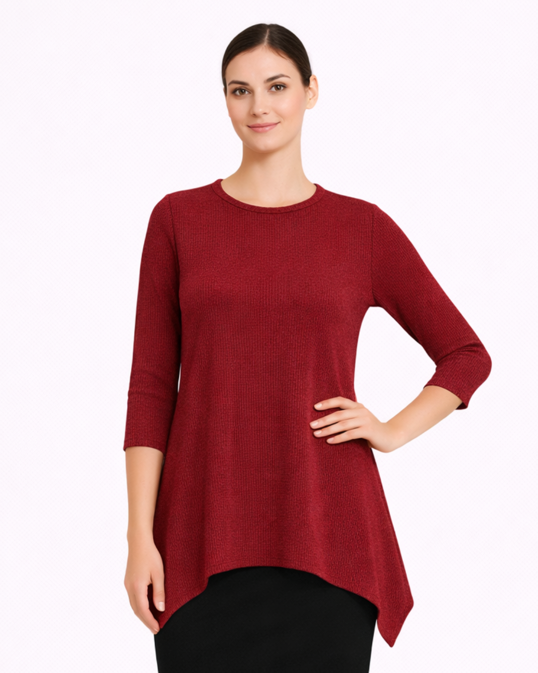 Modest Handkerchief Tunic Top - 3/4 Sleeve Comfort Flow Design - Solid Colors