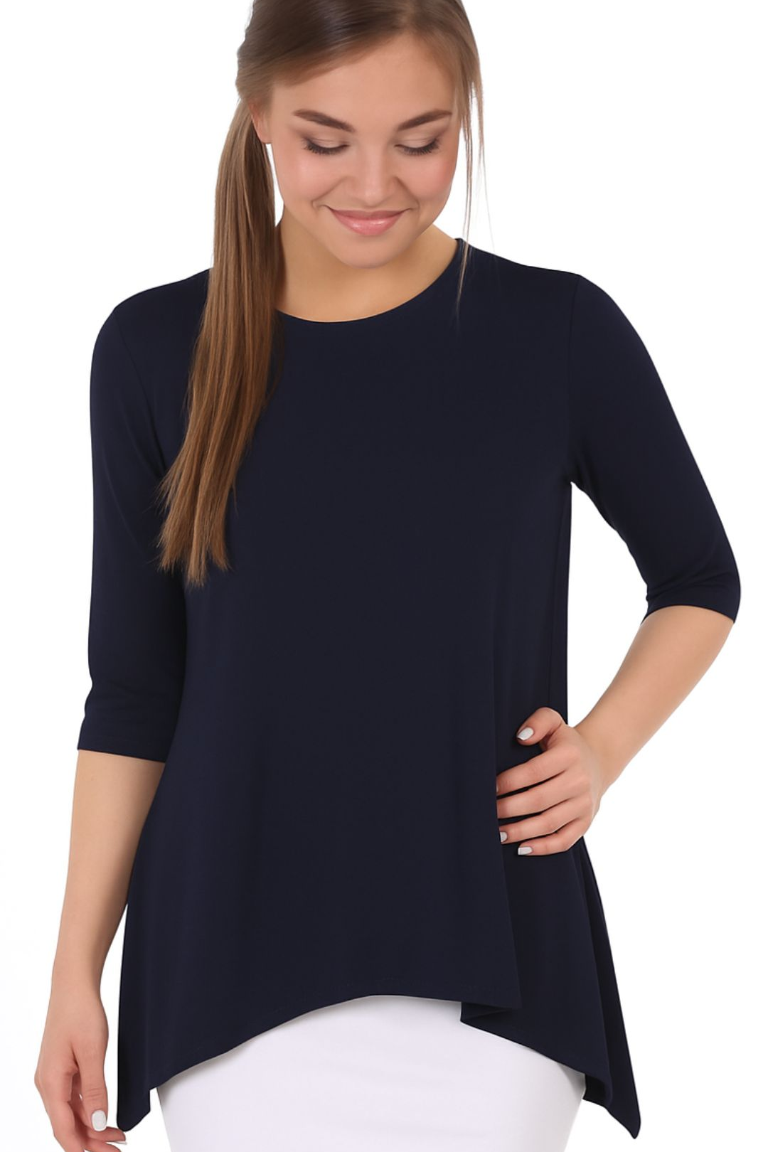 Modest Handkerchief Tunic Top - 3/4 Sleeve Comfort Flow Design