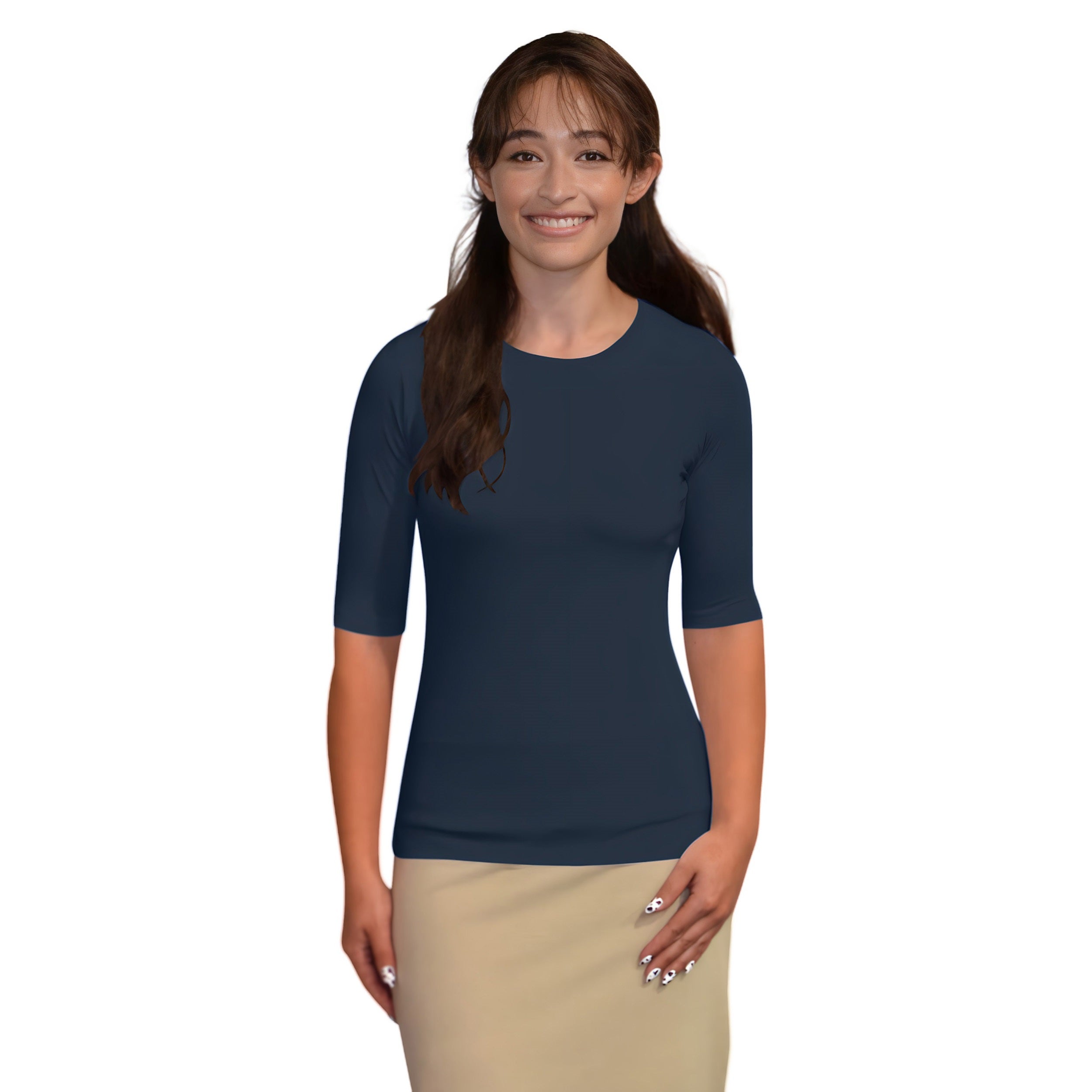 Women's and Plus Size Fitted Layering Shell - Modest Round Neck with Elbow Sleeves