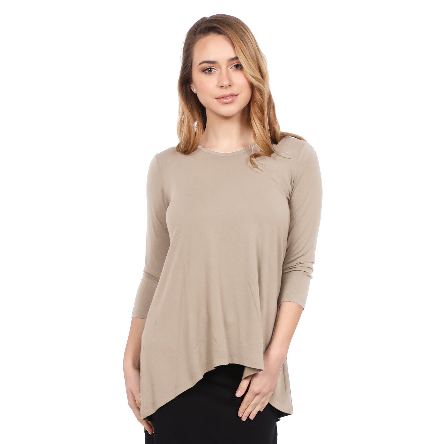 1256 Hi Lo Flowing ¾ Sleeve Modest Tunic Top Beige Front View Zoomed